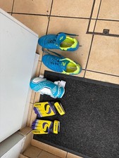 Vintage PATRICK Blue/Volt Football Boots and umbro shin pads and sondico gloves