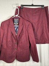 Boden British Tweed Wool Suit Blazer Skirt Set Size 16 Red Herringbone Holiday