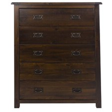 Chest of 5 Drawers Solid Pine Dresser Metal Handles Lacquered Finish Dark Wood