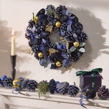 Blue Luxury Christmas Wreath and Garland with Pinecones Gold Leaves and Baubles