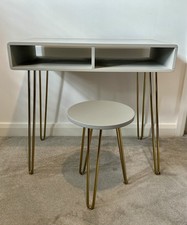 Made.com Grey Desk and Matching Stool Set, Gold Hairpin Legs, Pre-owned
