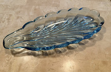 Vintage Art Deco Bagley  Leaf Shaped Design Blue  Glass Trinket Tray Dish 1930’s