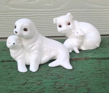 Two White Royal Osborne Bone China Figurines Cat Kitten  & Seal With Pup Collect