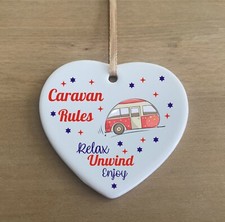 Caravan Rules Relax Enjoy Quote Ceramic Heart Shape Plaque Gift Sign cr92