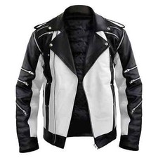 MEN'S GENUINE LEATHER CAFE RACER WHITE & BLACK BIKER CLASSIC FASHION JACKET
