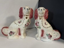 Pair Of Vintage Wally Dogs Staffordshire King Charles Spaniel Floral Pink & Gold
