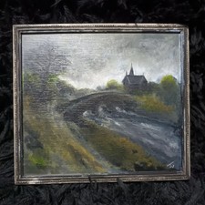 Nocturne Landscape Autumnal Church Impressionist Oil Painting on Panel Signed