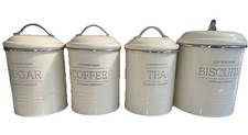 4x Kitchen Storage Canisters Set Tea Coffee Sugar Biscuit Beige Metal Jars