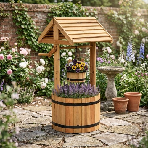 Wooden wishing well planter - wooden,