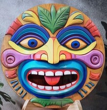 RETRO colourful TIKI  FACE 2D (flat) ROUND WOODEN WALL DECOR 20cm New Funky