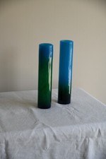 Pair Blue & Green Glass Vase John Orwar Lake Ekenas Sweden 