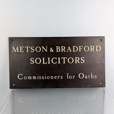 Vintage Bronze Enamel Letters Sign Plaque Metson & Bradford Solicitors For Oaths