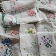 Vintage hand embroidered linens, tray cloths, faults for textile art, lot of 8