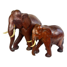 Vintage Wood Carved Indian Elephants  Large & Small Animal Statues Figurine 