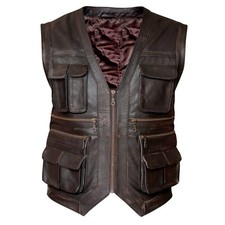 Mens Jurassic Jungle Hunter Vest Real Brown Genuine Leather Waistcoat
