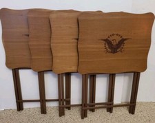 Set 4 Vintage Folding TV Tray Snack Serving Tables Wood Grain With Bald Eagle