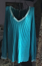 Next Turquoise Blue Flecked Cricket Style Ribbed V-Neck Sweater Jumper - Size L