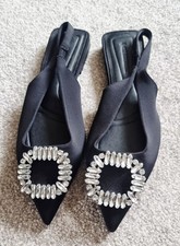 Womens Stradivarius Black Satin Flat Slingback Shoes With Diamanté Detailing
