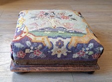 Antique Needlepoint Tapestery Footstool Mahogany Shabby Country House Bun Feet 
