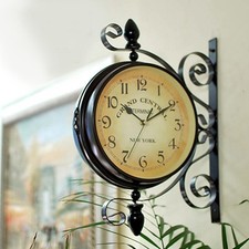 Large Outdoor Garden Station Wall Clock Double Sided Bracket Rust Copper Effect