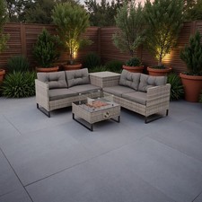 Palma Grey Rattan Garden Corner Sofa Set 4 Seat with Storage and Fire Pit Table