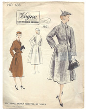 1951 Vintage VOGUE Sewing Pattern B38” Coat (1485) Vogue 638