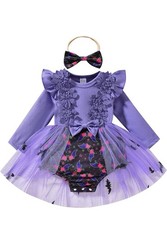 Baby Girl Halloween Outfit 3–6M Purple Bat Romper Dress Lace Tutu + Headband