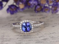 1.5ct Lab-Created Cushion Blue Tanzanite Ring Halo Stackable White Gold Plated