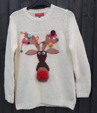 Next With Love Cream Reindeer Pom Pom Christmas Jumper Size 14