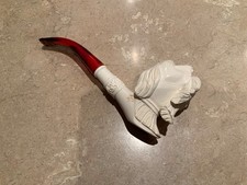 VERY WELL CARVED MEERSCHAUM PIPE, HUNTING DOG WITH FOWL BIRD UNUSED.