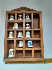Vintage Thimbles with Wood Crystal Curio Display Shelf Case Mostly Bone China