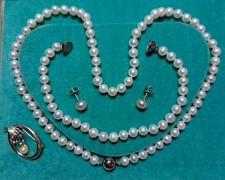 Cultured Pearls Set Sterling Silver Necklace Bracelet Brooch Earrings