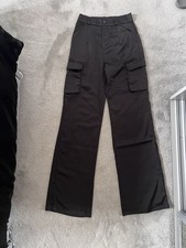 Black silk wide leg cargo pants