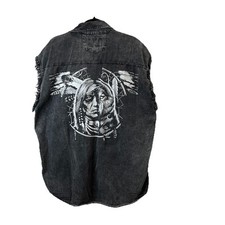 Biker Wear Black Acid Wash Indian Wolf Graphic Print Back Sleeveless Vest 3XL