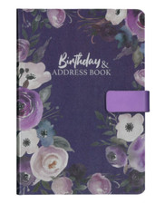 A5 Address & Birthday Book Floral Design Purple Satin Cover With Magnetic Clip