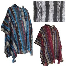 Poncho Hooded Cape 100% Cotton Festival Aztec Warm Hippy Boho Unisex Gheri Strip