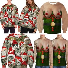 Mens Women 3D Print Christmas Cat Ugly Jumper Sweatshirt  Funny Xmas Pullover UK
