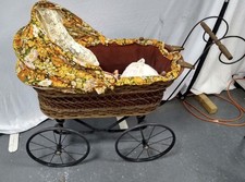 Vintage Victorian Style Wicker & Wood Dolls Pram - with Doll