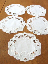 Set of 5 White Linen Hand Embroidered Doilies.