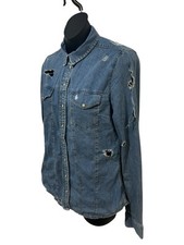 TOPSHOP DENIM SHIRT SIZE UK 10 COTTON WOMENS LONG SLEEVE RIPPED COWGIRL WESTERN
