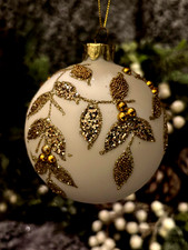 Gisela Graham White Gold Leaf Sparkle Christmas Bauble