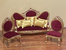 🌼 Dolls House 1/12th Scale Living Room Red & Gold Furniture Sofa & Chairs Set🌼