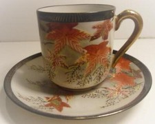 E M S STUNNING HAND PAINTED COFFEE CUP&SAUCER LITHOPHANE GEISHA AUTUMN LEAVES