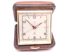 Vintage Travel Alarm Clock Jaz De Luxe Wind Up Mechanical 11 Jewels Leather Case