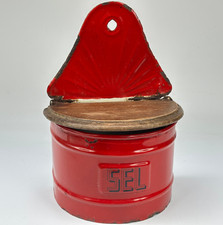 Antique French Kitchen Wall Mounted Red & Black Wording Enamel Salt Container