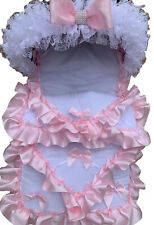 ROMANY PRAM PUSHCHAIR - WHITE COSYTOES FOOT MUFF + HOOD FRILL/TRIM - PINK RIBBON