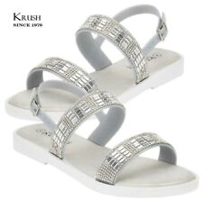 Stylish Silver Rhinestone Sandals Diamante Strappy Low Heel Summer Shoes Sizes