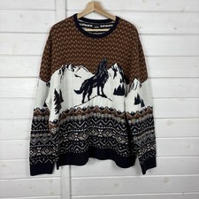BURTON Jumper Mens Size XXXL Navy Beige Fairisle Wolf Festive Knit Christmas