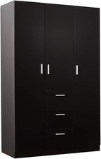 Black 3 Door Wardrobe with 3 Drawers Solid Pine Wood Bedroom Storage Unit