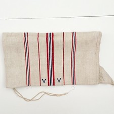 Antique Grain Sack with Blue and Red Stripes and Monogram, Farmhouse Feedsack